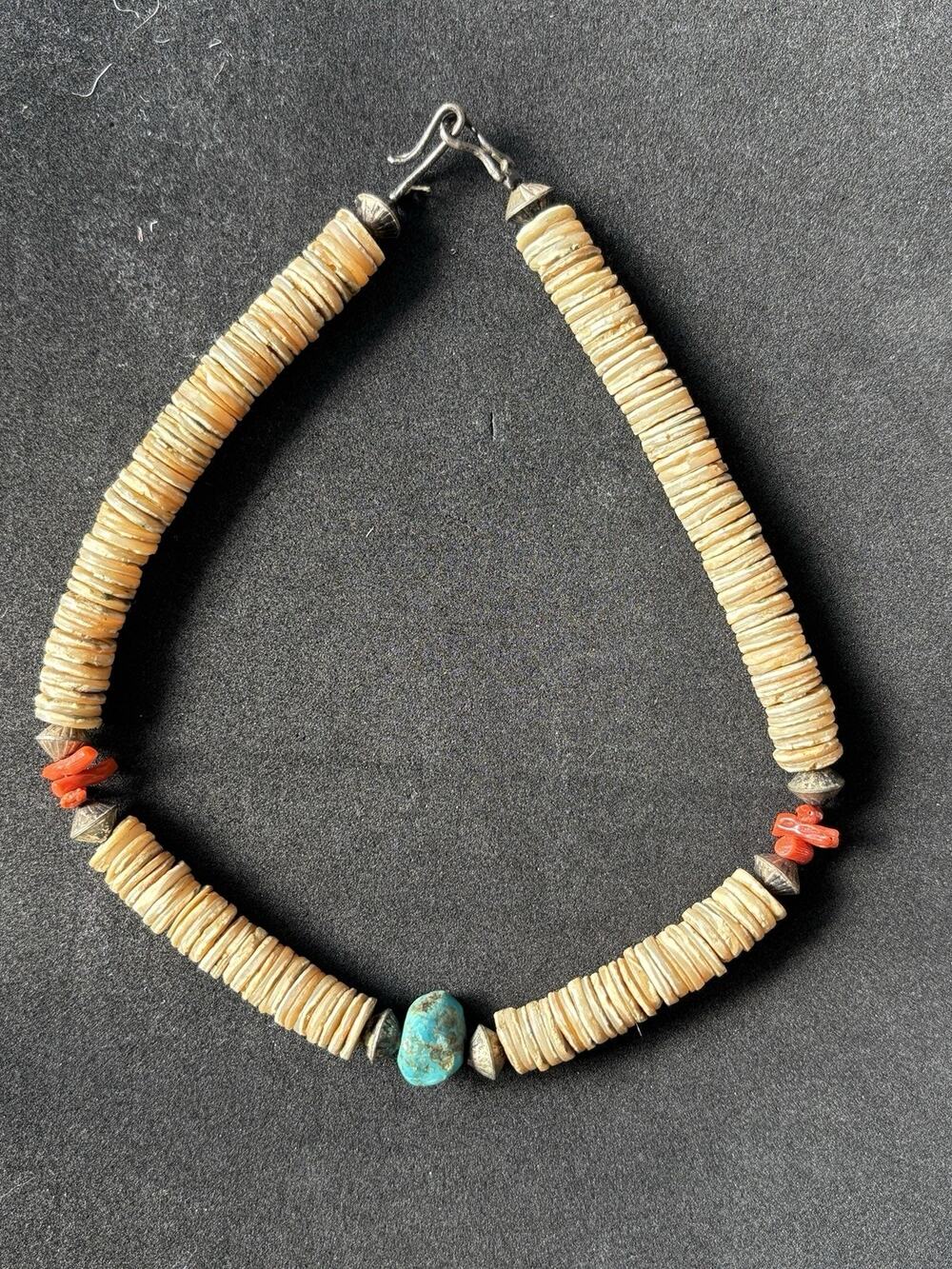 Native American Turquoise Coral Heishi Shell Silver Pueblo Choker Necklace 14”
